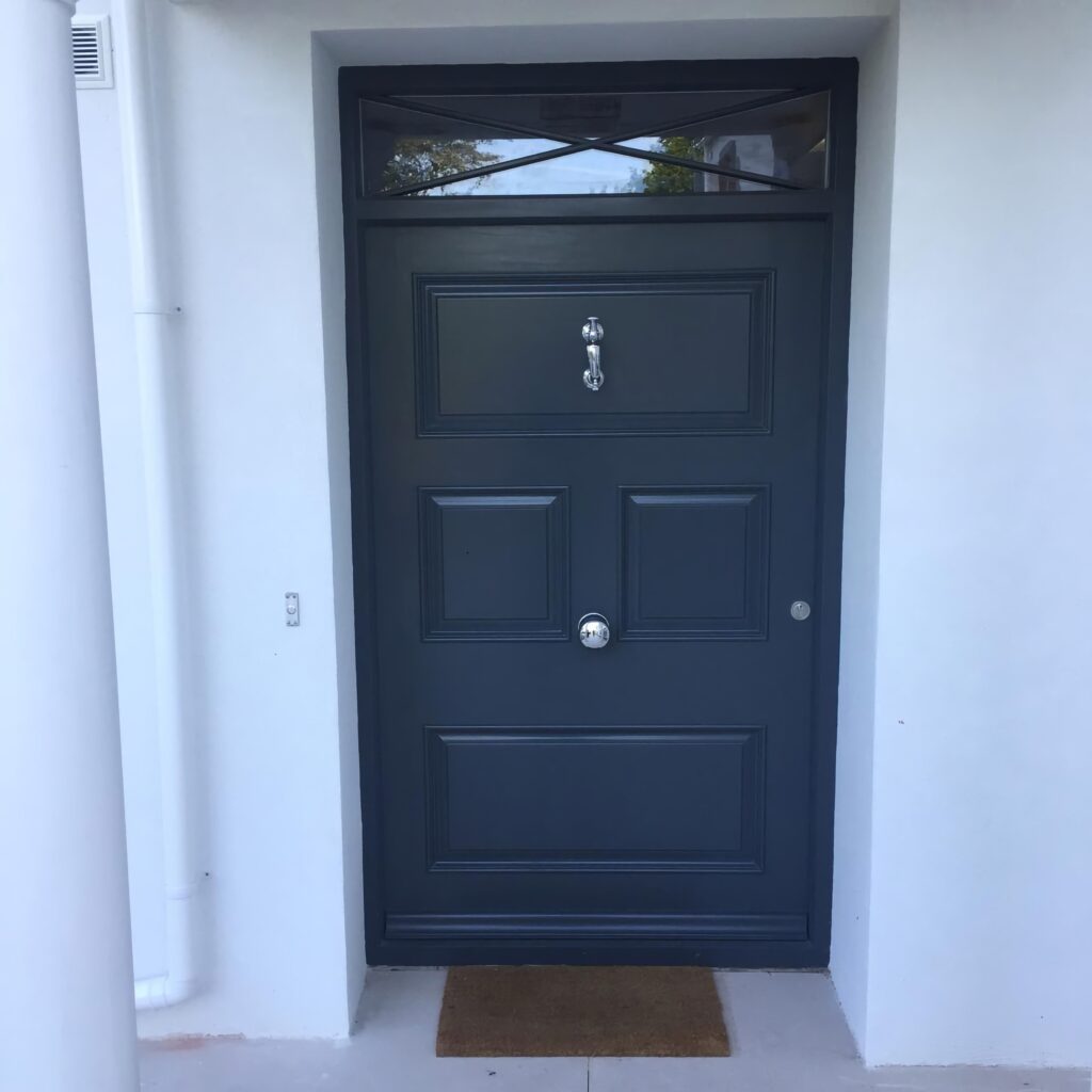 Bespoke Dark Grey Front Door With Raised Panels And Chrome Hardware Jersey Exterior Doors Trinity Joinery Jersey 2500