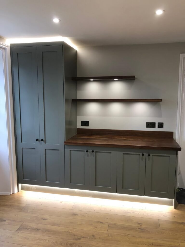 Bespoke Fitted Cabinetry Shaker Doors Walnut Worktop Floating Shelves Trinity Joinery Cabinets Trinity Joinery Jersey 2500