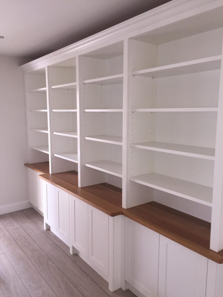 Bespoke Joinery White Fitted Shelving With Oak Worktop Cabinets Trinity Joinery Jersey 2500