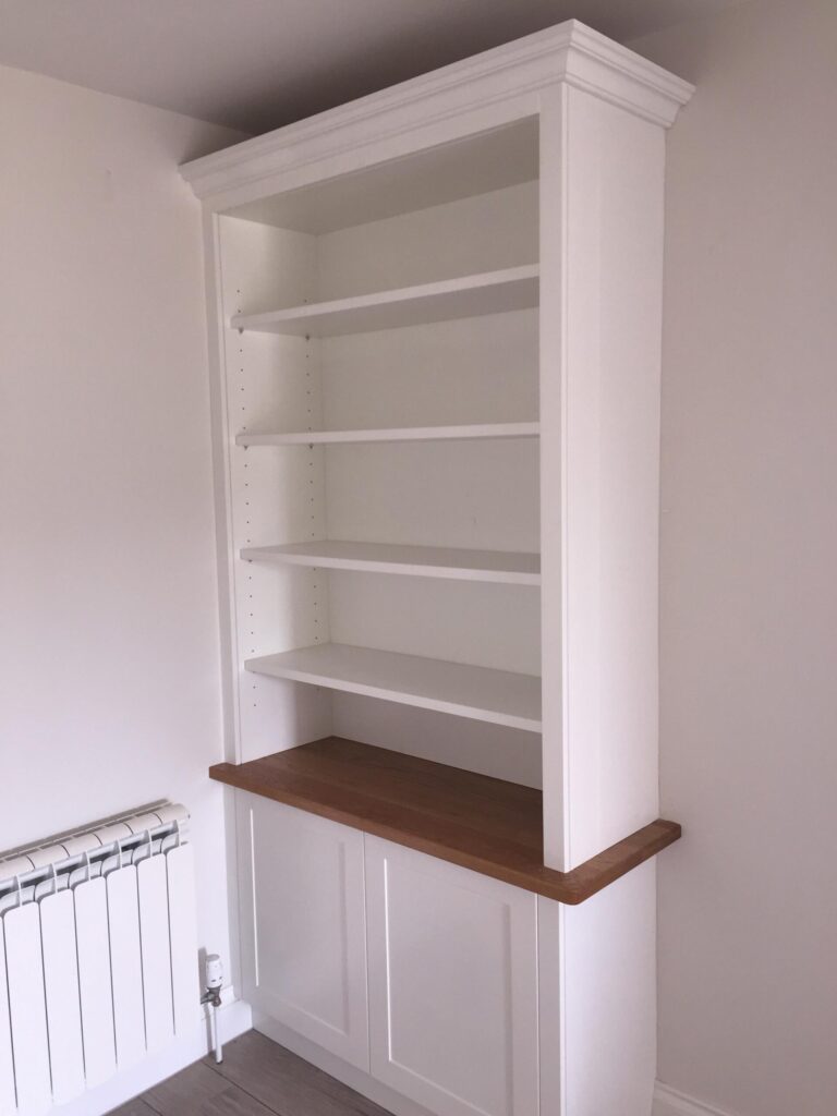 Bespoke Joinery White Single Fitted Bookcase With Oak Worktop Cabinets Trinity Joinery Jersey