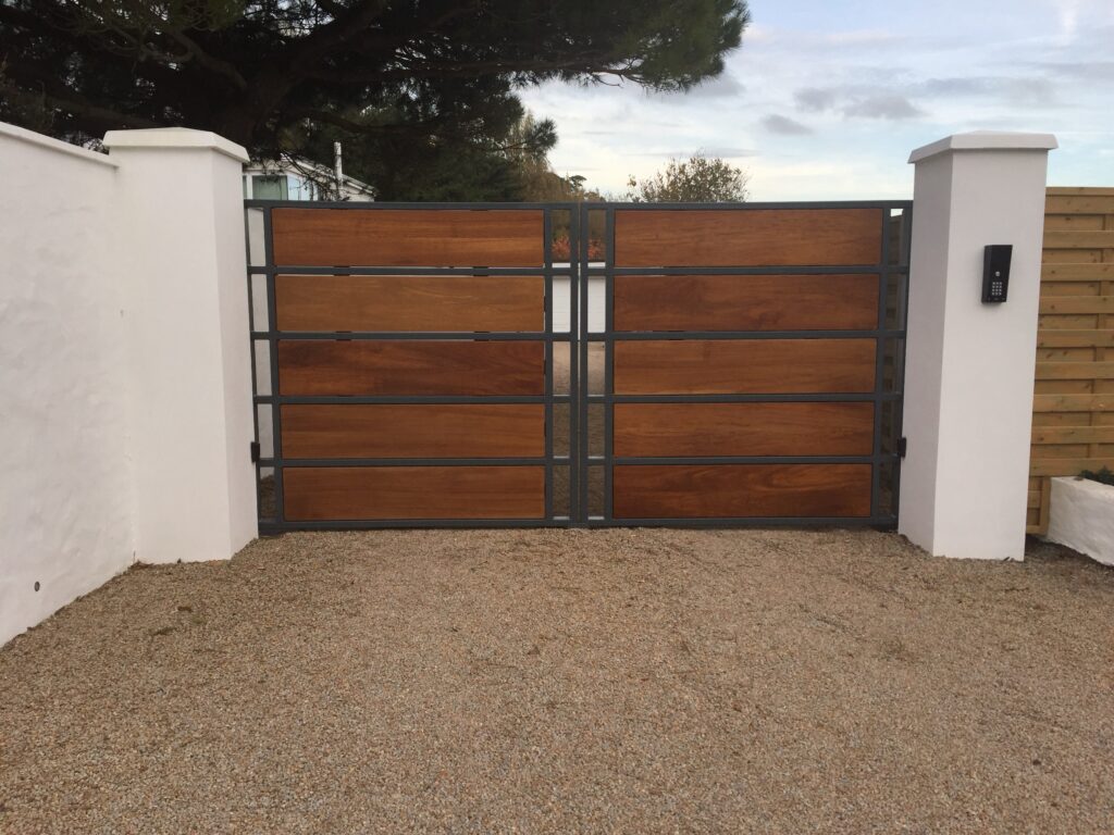 Contemporary Driveway Gate Wood Panels Black Steel Frame Gates Trinity Joinery Jersey 2500