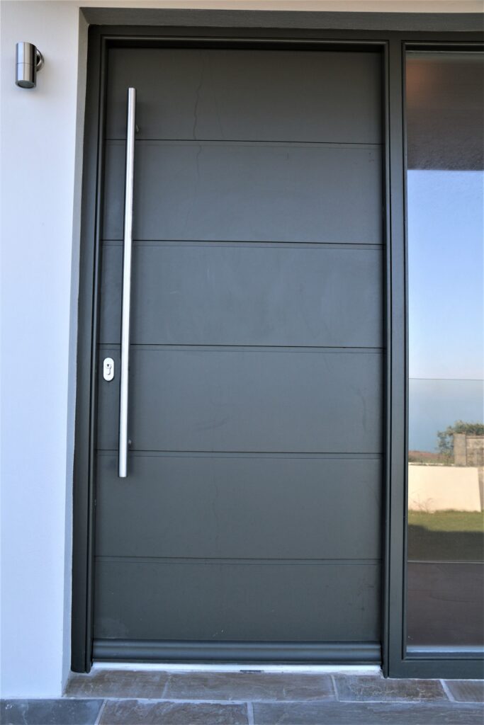 Contemporary Grey Front Door With Vertical Handle And Side Glass Panel Jersey Exterior Doors Trinity Joinery Jersey 2500
