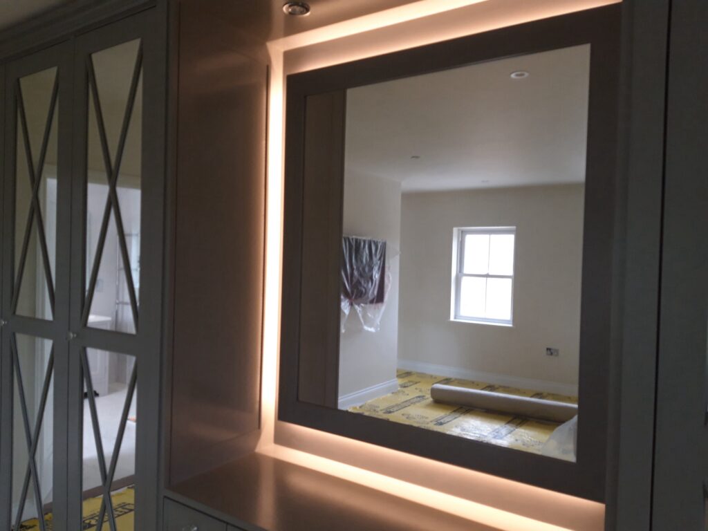 Fitted Bedroom Wardrobe Mirror Lighting Closeup Bedrooms Trinity Joinery Jersey 2500