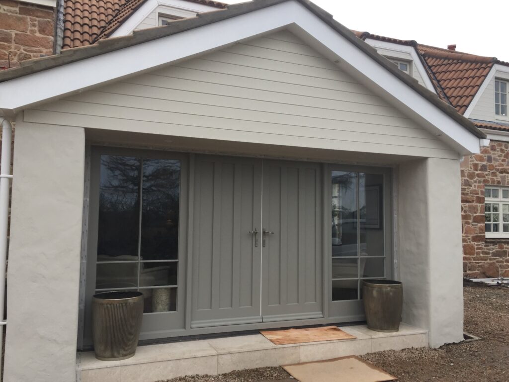Grey Double Entrance Doors With Glazed Panels On Stone House Exterior Doors Trinity Joinery Jersey 2500