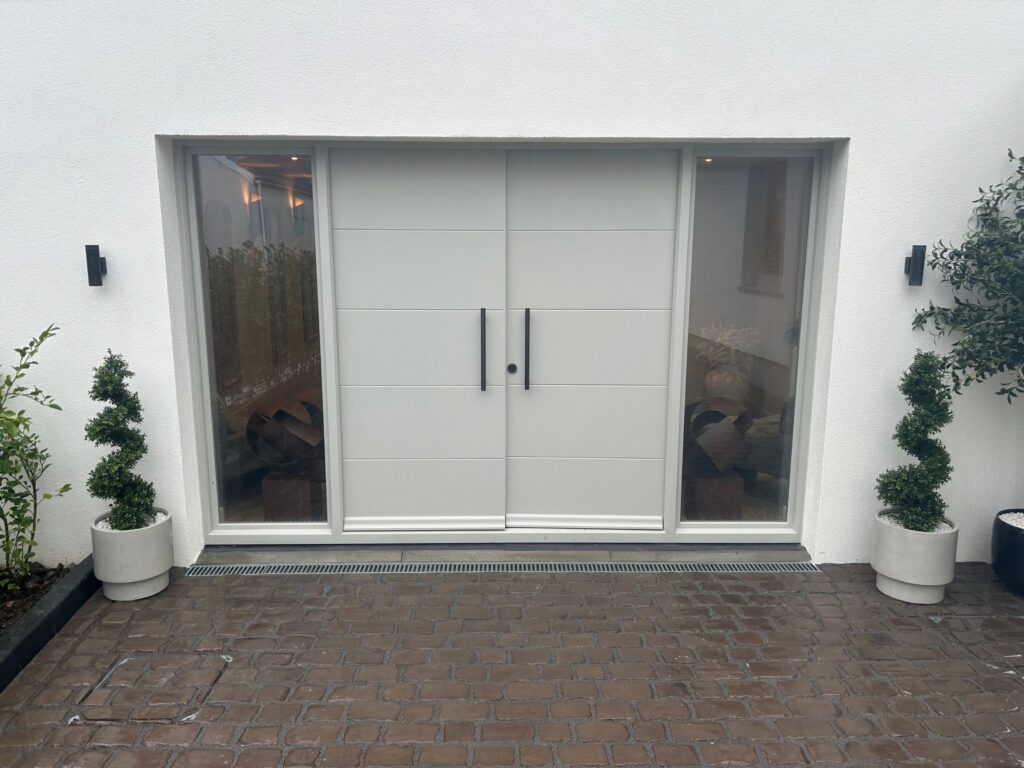 Modern White Double Entrance Doors With Side Glass Panels Exterior Doors Trinity Joinery Jersey 2500