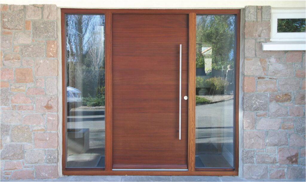 Modern Wooden Entrance Door With Glass Side Panels In Stone Exterior Exterior Doors Trinity Joinery Jersey 2500