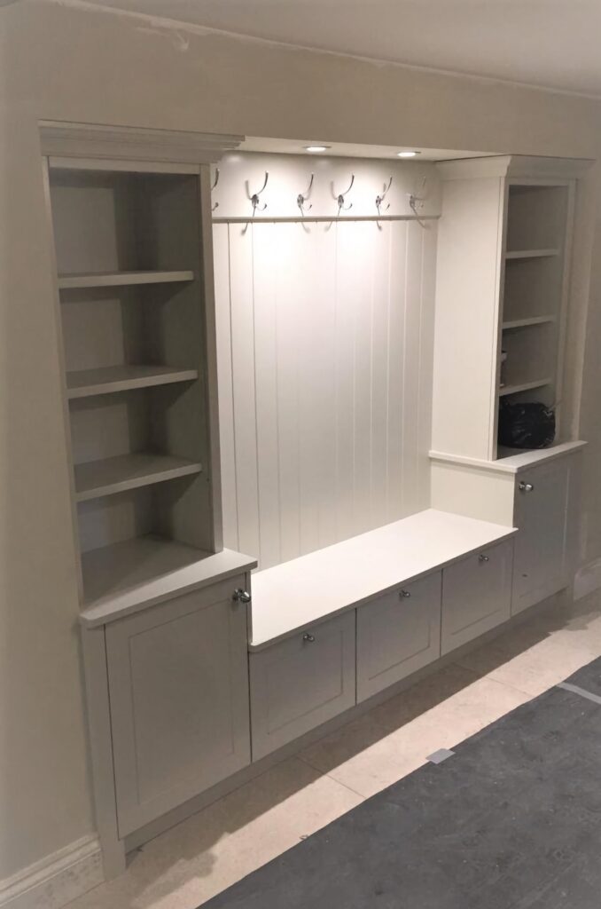 Painted Fitted Boot Room Bench With Coat Hooks And Storage By Trinity Joinery Jersey Cabinets Trinity Joinery Jersey 2500