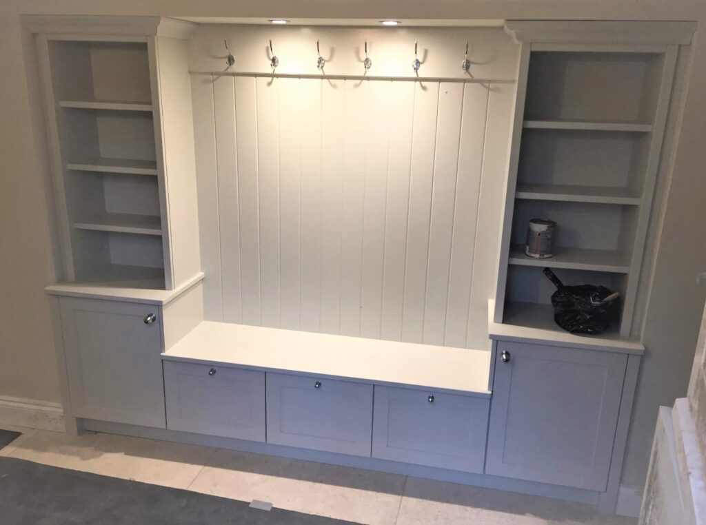 Painted Fitted Boot Room Storage With Bench Seating And Shelving By Trinity Joinery Jersey Cabinets Trinity Joinery Jersey 2500