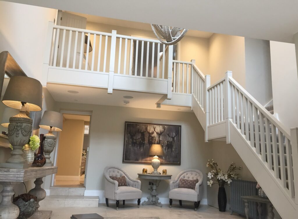 painted staircase with bespoke balustrade and handrail in modern entrance hall staircases balustrade trinity joinery jersey 2500