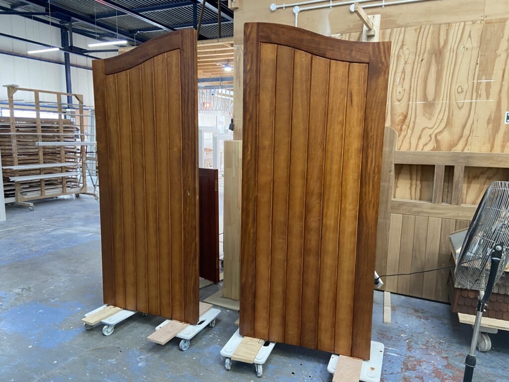 Shaped Top Gates Golden Brown Stain Finish Paints Varnishes Trinity Joinery Jersey 2500