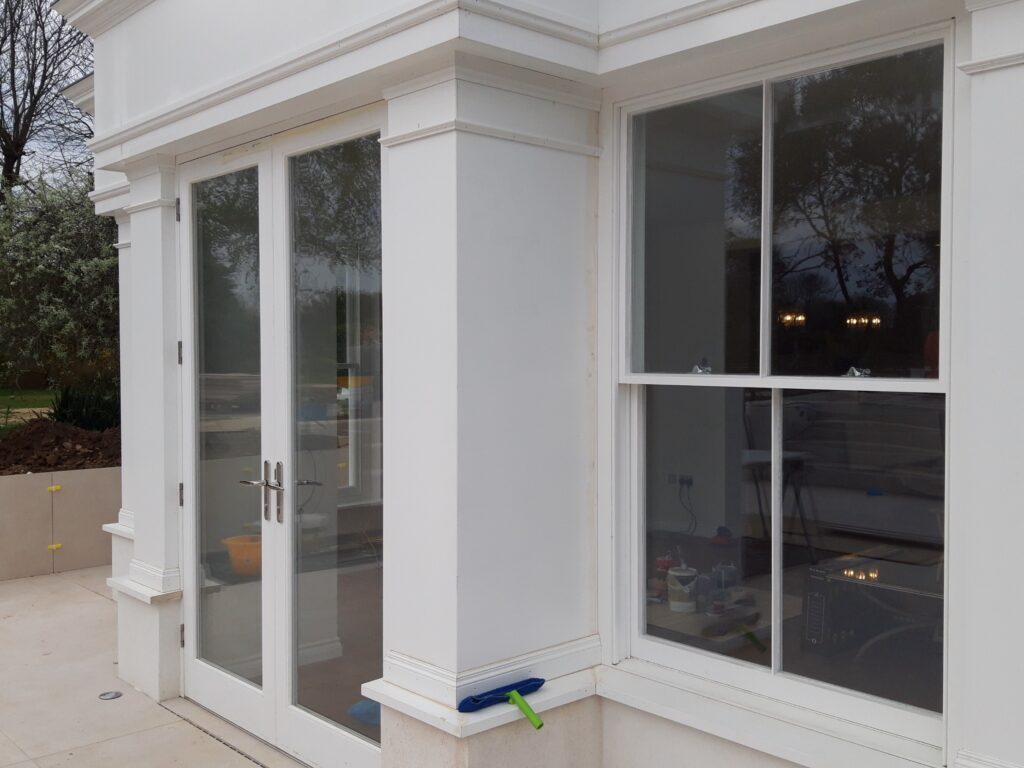 Timber French Doors With Double Glazed Panels Painted White Exterior View Windows Trinity Joinery Jersey 2500