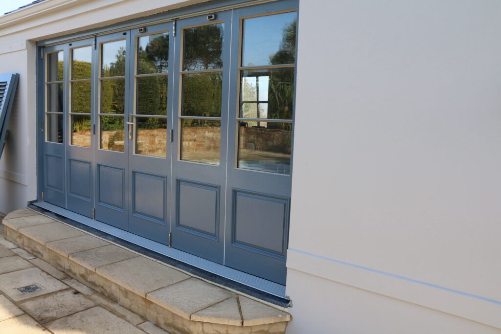 Timber Painted Blue French Doors Angled View Exterior Doors Trinity Joinery Jersey 2500