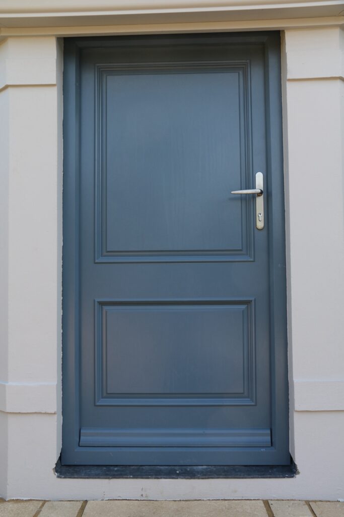 Timber Painted Blue Single Door Front View Exterior Doors Trinity Joinery Jersey 2500