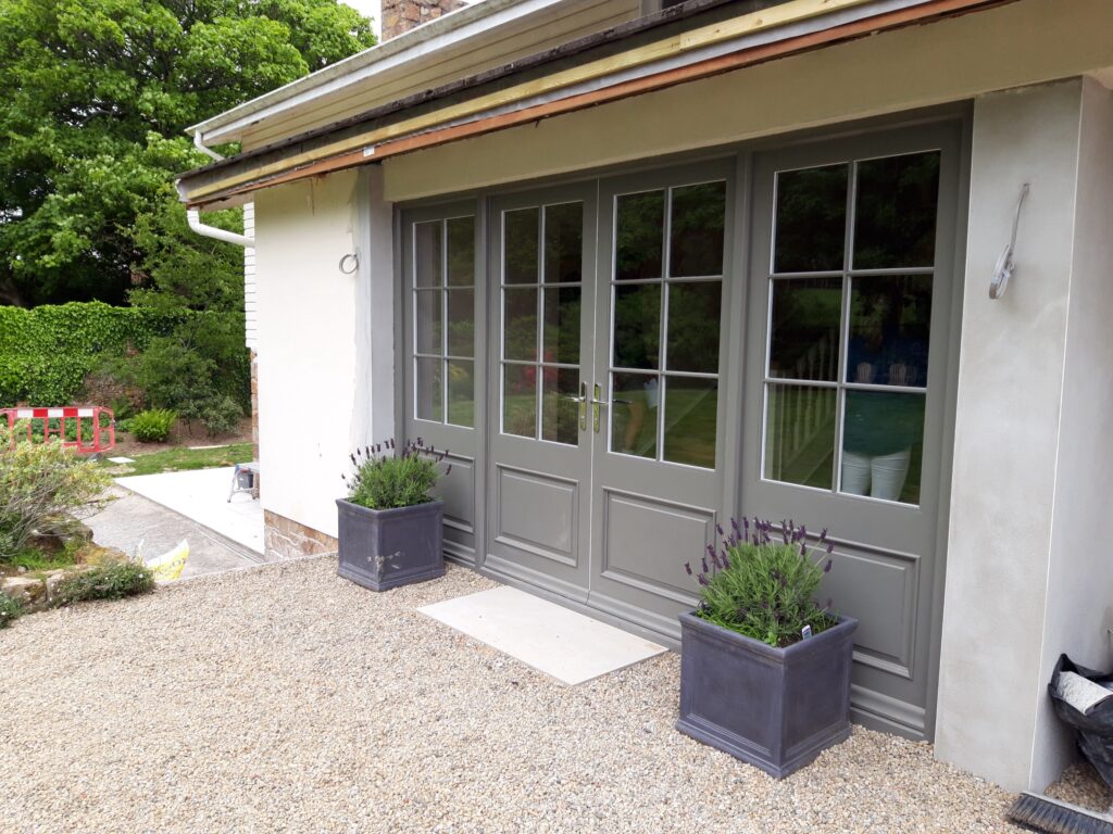 Timber Painted Grey French Doors Angled Side View Exterior Doors Trinity Joinery Jersey 2500