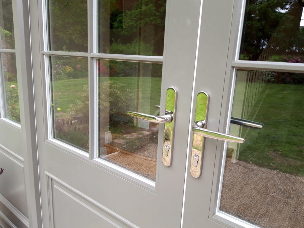 Timber Painted Grey French Doors Handle Close Up View Exterior Doors Trinity Joinery Jersey 2500