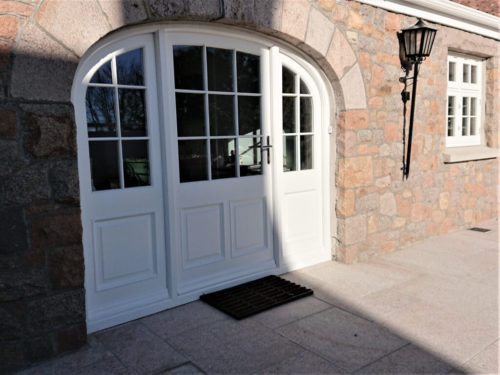 Timber Painted White Arched French Doors Stone Wall Exterior Exterior Doors Trinity Joinery Jersey 2500