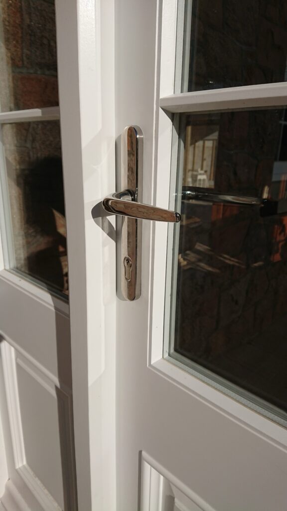 Timber Painted White French Door Exterior Handle Close Up Exterior Doors Trinity Joinery Jersey 2500