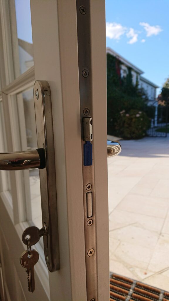 Timber Painted White French Door Interior Lock Close Up Exterior Doors Trinity Joinery Jersey 2500