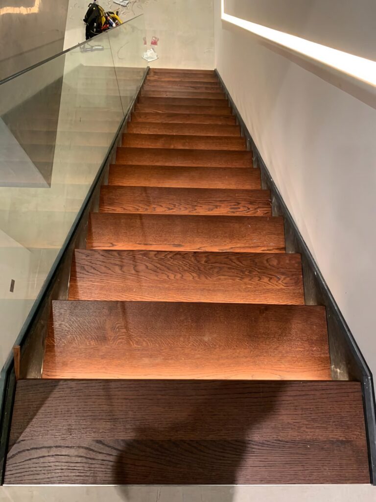 Timber Staircase With Glass Balustrade And Led Lighting Contemporary View Staircases Balustrade Trinity Joinery Jersey 2500