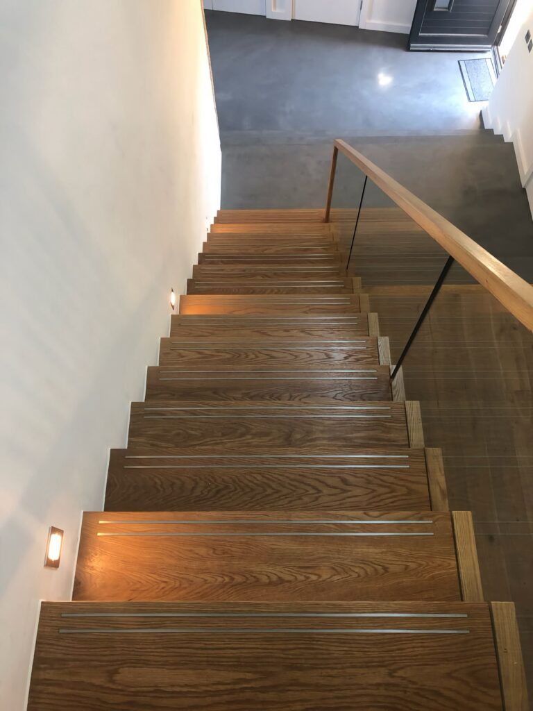 Timber Staircase With Glass Balustrade Oak Treads Overhead View House Project Staircases Balustrade Trinity Joinery Jersey 2500