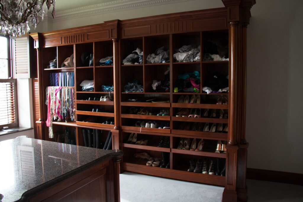 Traditional Walk In Wardrobe Mahogany Open Shelving Shoe And Accessory Storage Bedrooms Trinity Joinery Jersey 2500